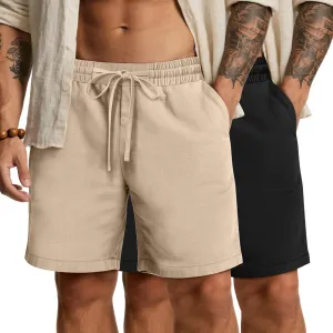 2 Pack Men's Big and Tall Linen Bermuda Shorts Casual Drawstring Summer Cotton Beach Shorts with Pocket