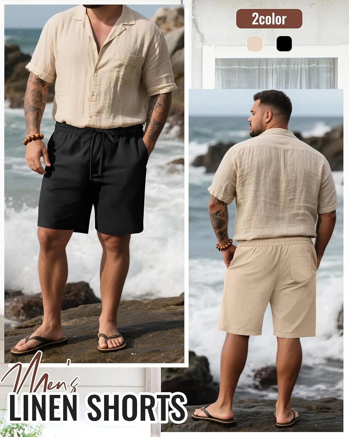 2 Pack Men's Big and Tall Linen Bermuda Shorts Casual Drawstring Summer Cotton Beach Shorts with Pocket