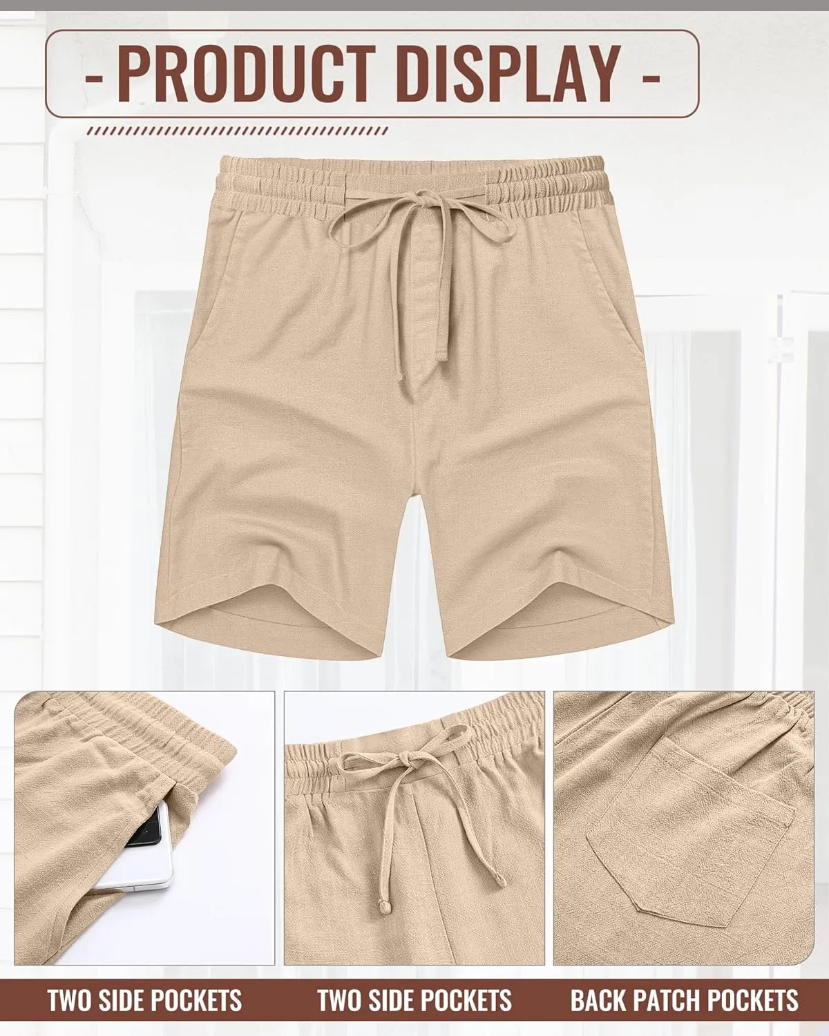 2 Pack Men's Big and Tall Linen Bermuda Shorts Casual Drawstring Summer Cotton Beach Shorts with Pocket