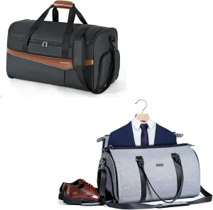 2PCS Garment Bags for Travel, Convertible Carry on Garment Duffle Bag with Shoe Compartment, Water-resistant Shoulder Strap Carry On Hanging Suit Bags for Men Women (Black & Grey)