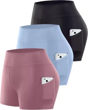 3 Pack Biker Shorts with Pockets Women,5 Soft High Waist Tummy Control Yoga Workout Athletic Running