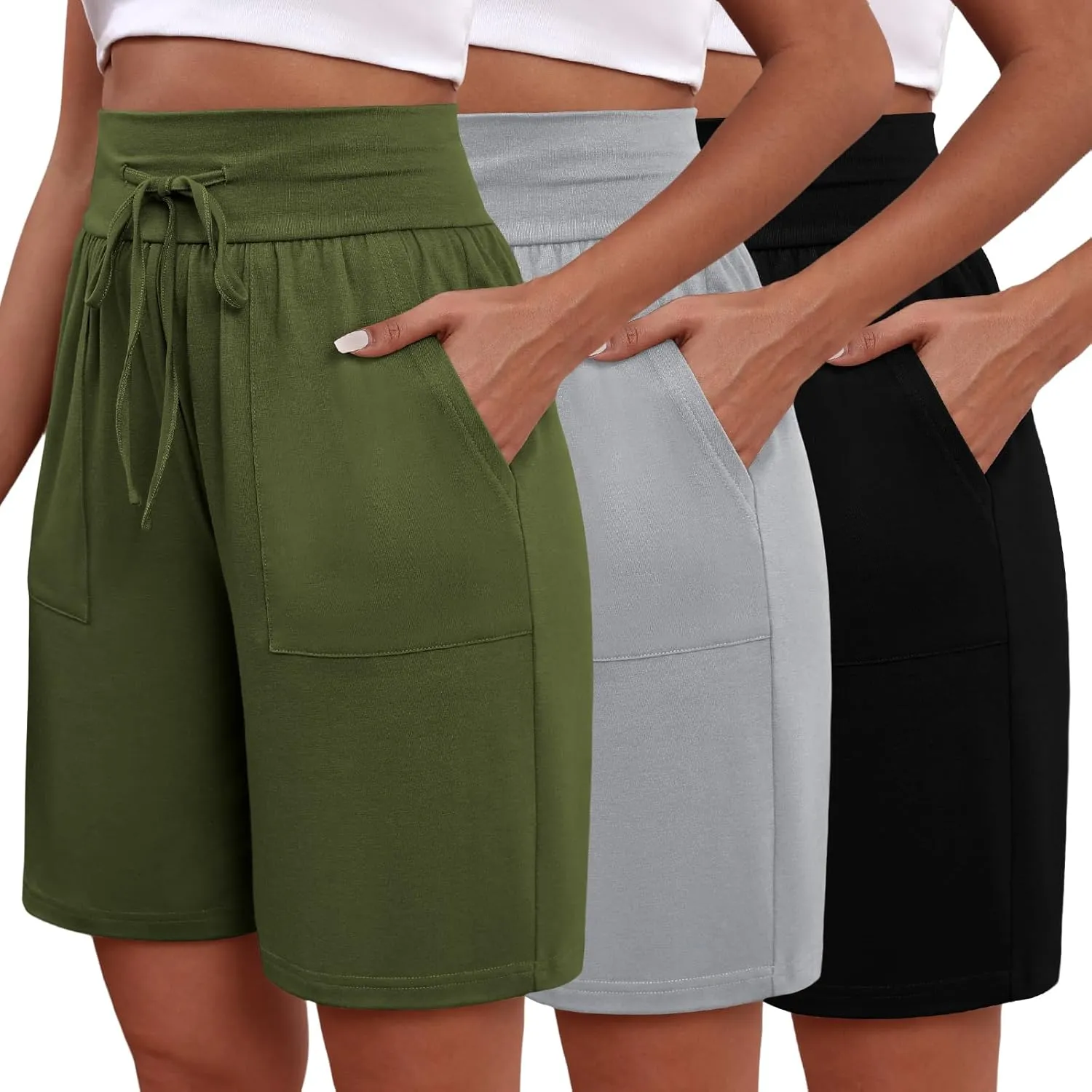 3 Pack Women's Bermuda Shorts High Waist Cotton Drawstring Casual Lounge Athletic Knee Long Shorts with Pockets