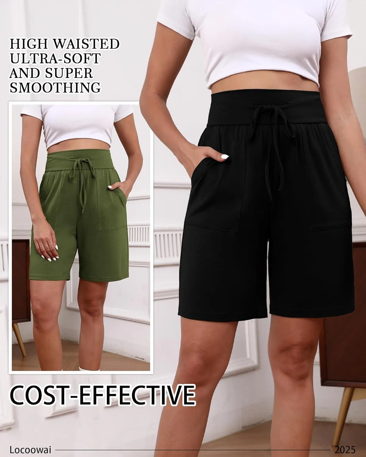 3 Pack Women's Bermuda Shorts High Waist Cotton Drawstring Casual Lounge Athletic Knee Long Shorts with Pockets