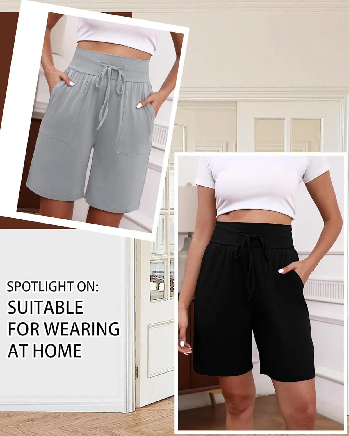 3 Pack Women's Bermuda Shorts High Waist Cotton Drawstring Casual Lounge Athletic Knee Long Shorts with Pockets