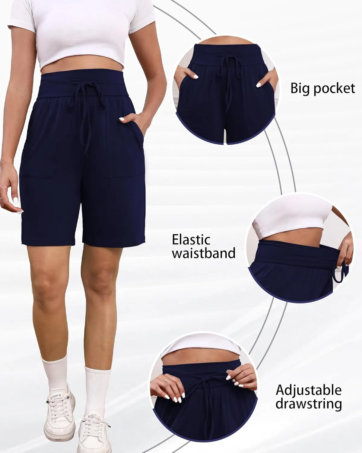 3 Pack Women's Bermuda Shorts High Waist Cotton Drawstring Casual Lounge Athletic Knee Long Shorts with Pockets