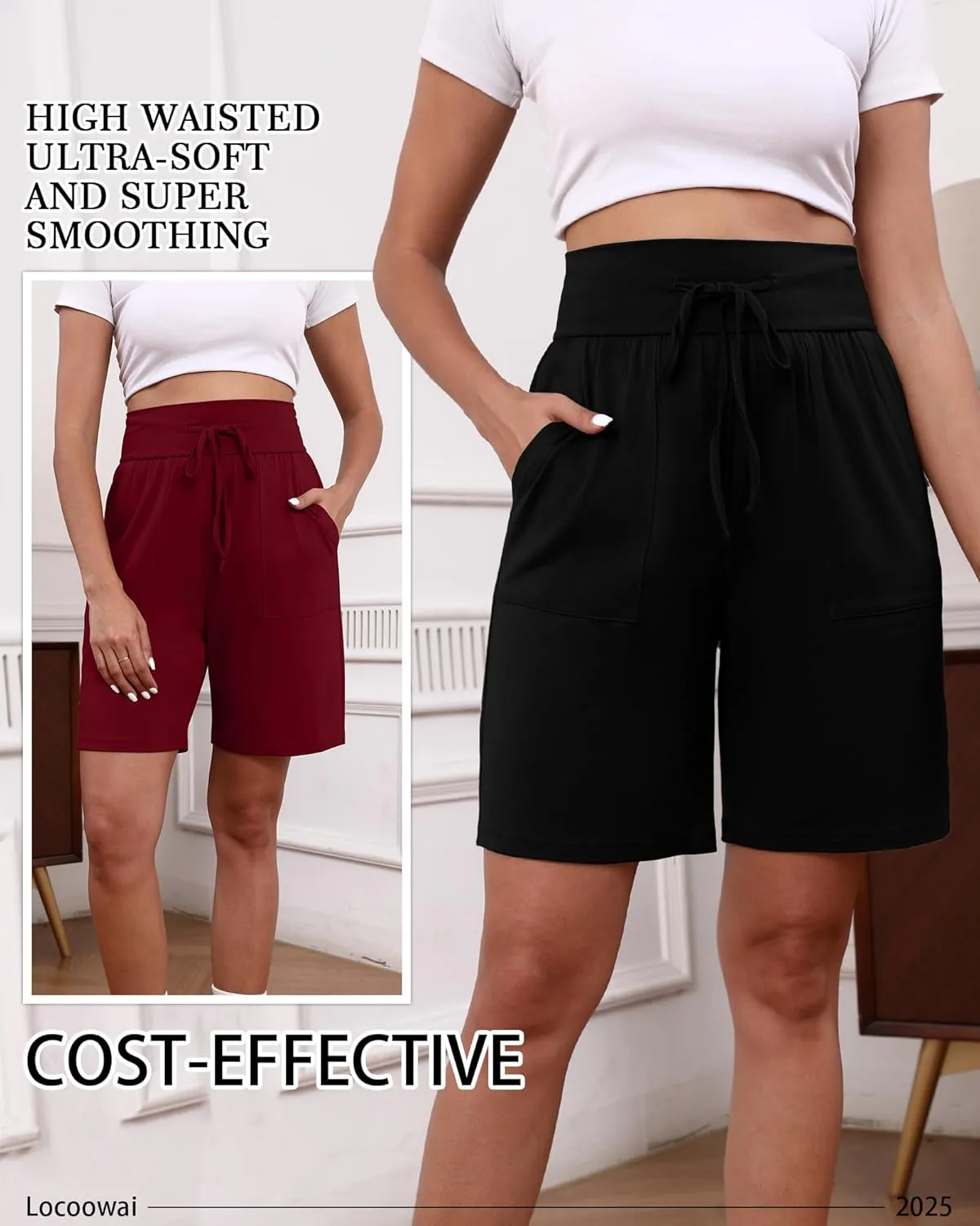 3 Pack Women's Bermuda Shorts High Waist Cotton Drawstring Casual Lounge Athletic Knee Long Shorts with Pockets
