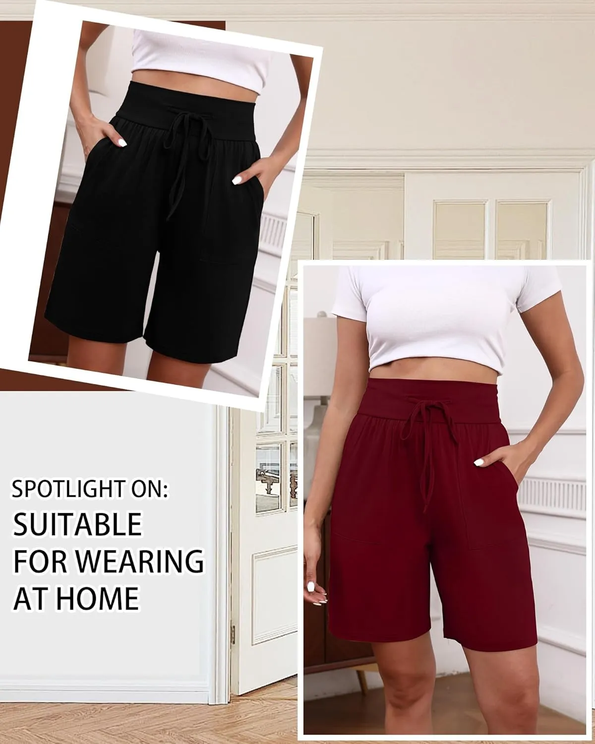 3 Pack Women's Bermuda Shorts High Waist Cotton Drawstring Casual Lounge Athletic Knee Long Shorts with Pockets