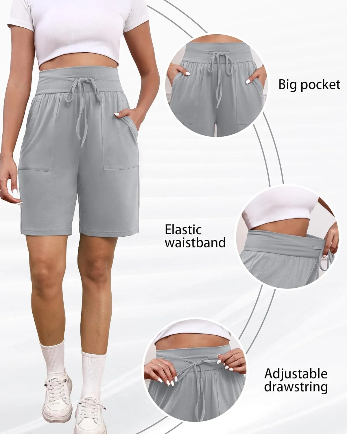 3 Pack Women's Bermuda Shorts High Waist Cotton Drawstring Casual Lounge Athletic Knee Long Shorts with Pockets