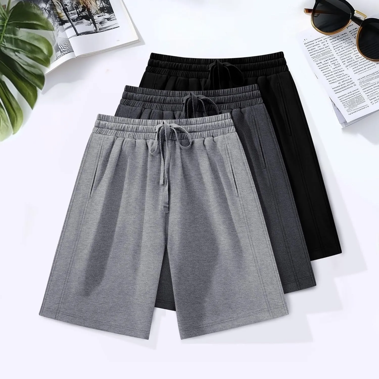 3 Pack Women's Plus Size Bermuda Shorts, Drawstring Elastic Waisted Bermuda Summer Casual Cotton Shorts with Pockets