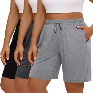 3 Pack Women's Plus Size Bermuda Shorts, Drawstring Elastic Waisted Bermuda Summer Casual Cotton Shorts with Pockets