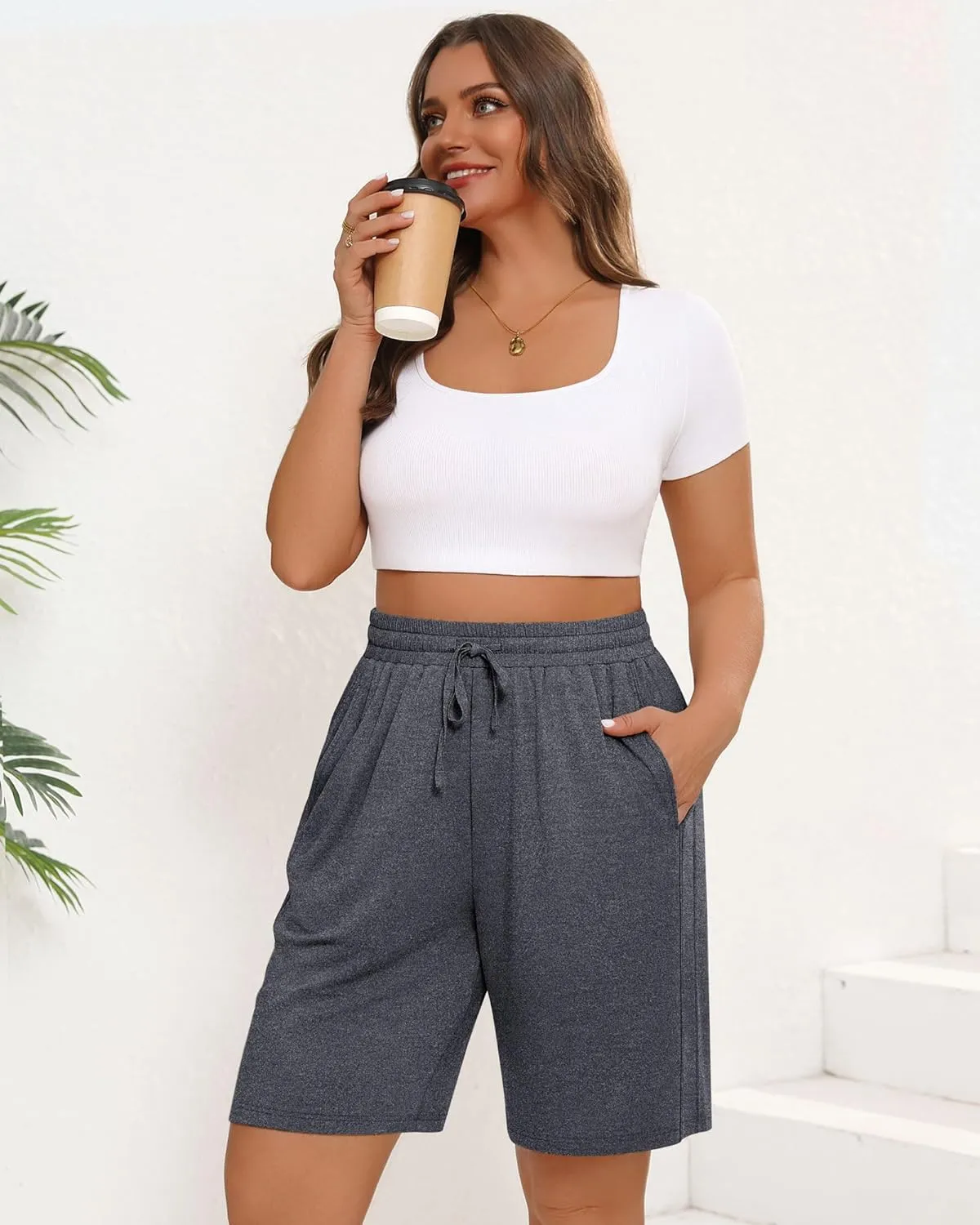 3 Pack Women's Plus Size Bermuda Shorts, Drawstring Elastic Waisted Bermuda Summer Casual Cotton Shorts with Pockets
