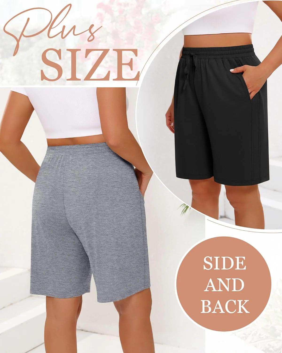 3 Pack Women's Plus Size Bermuda Shorts, Drawstring Elastic Waisted Bermuda Summer Casual Cotton Shorts with Pockets