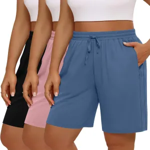 3 Pack Women's Plus Size Bermuda Shorts, Drawstring Elastic Waisted Bermuda Summer Casual Cotton Shorts with Pockets