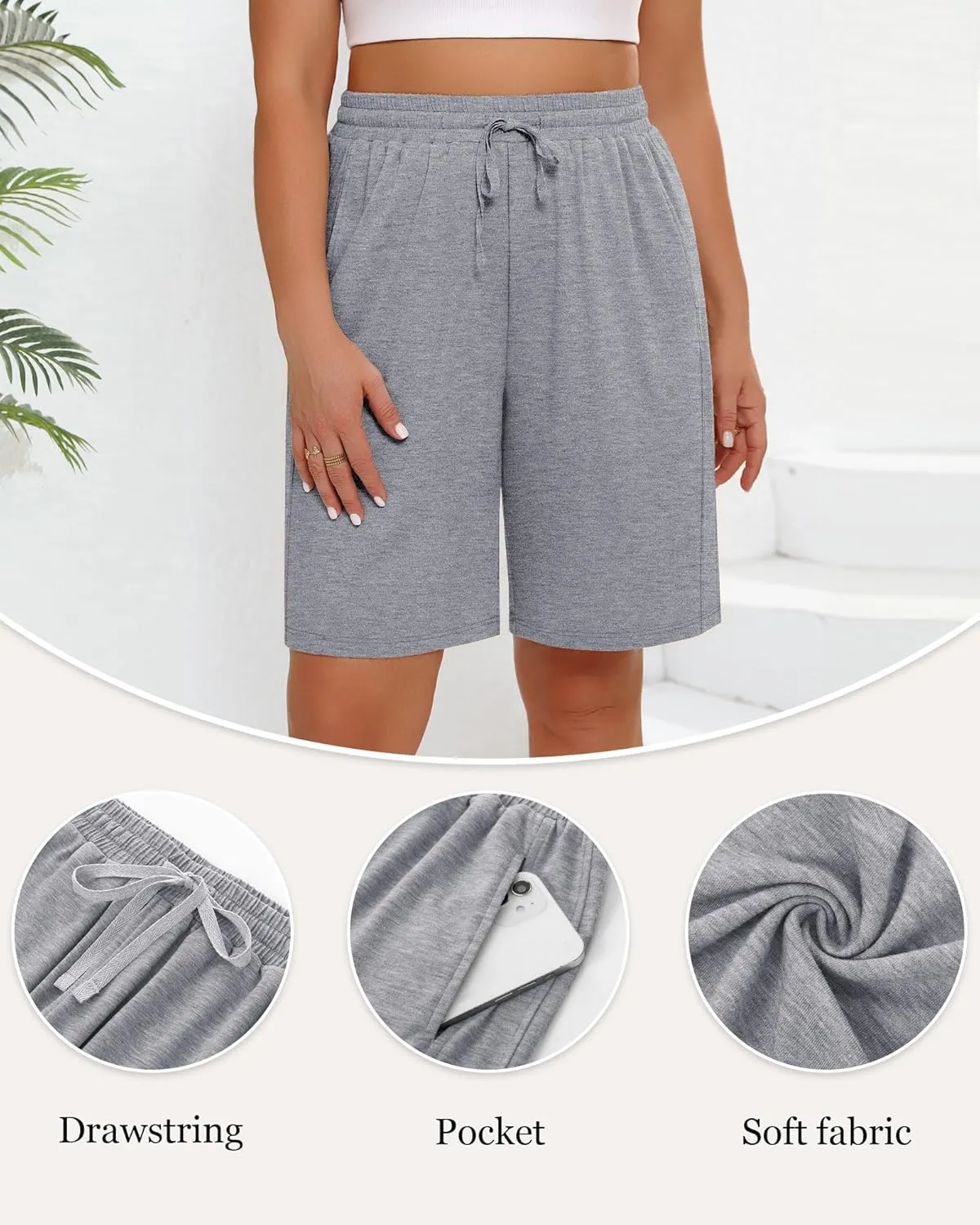 3 Pack Women's Plus Size Bermuda Shorts, Drawstring Elastic Waisted Bermuda Summer Casual Cotton Shorts with Pockets