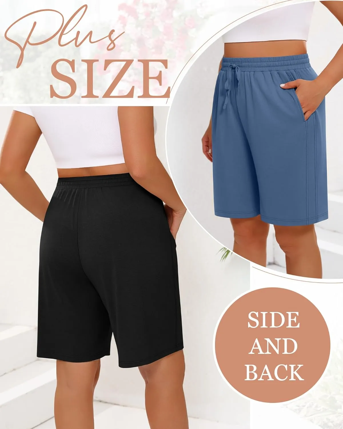 3 Pack Women's Plus Size Bermuda Shorts, Drawstring Elastic Waisted Bermuda Summer Casual Cotton Shorts with Pockets