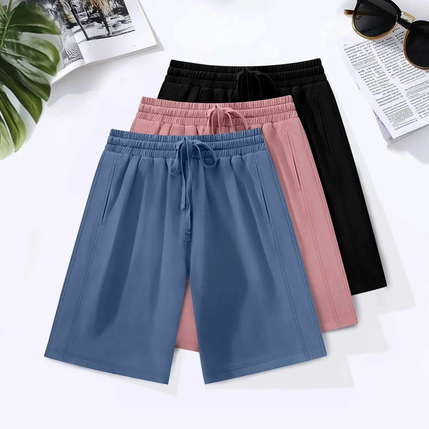 3 Pack Women's Plus Size Bermuda Shorts, Drawstring Elastic Waisted Bermuda Summer Casual Cotton Shorts with Pockets