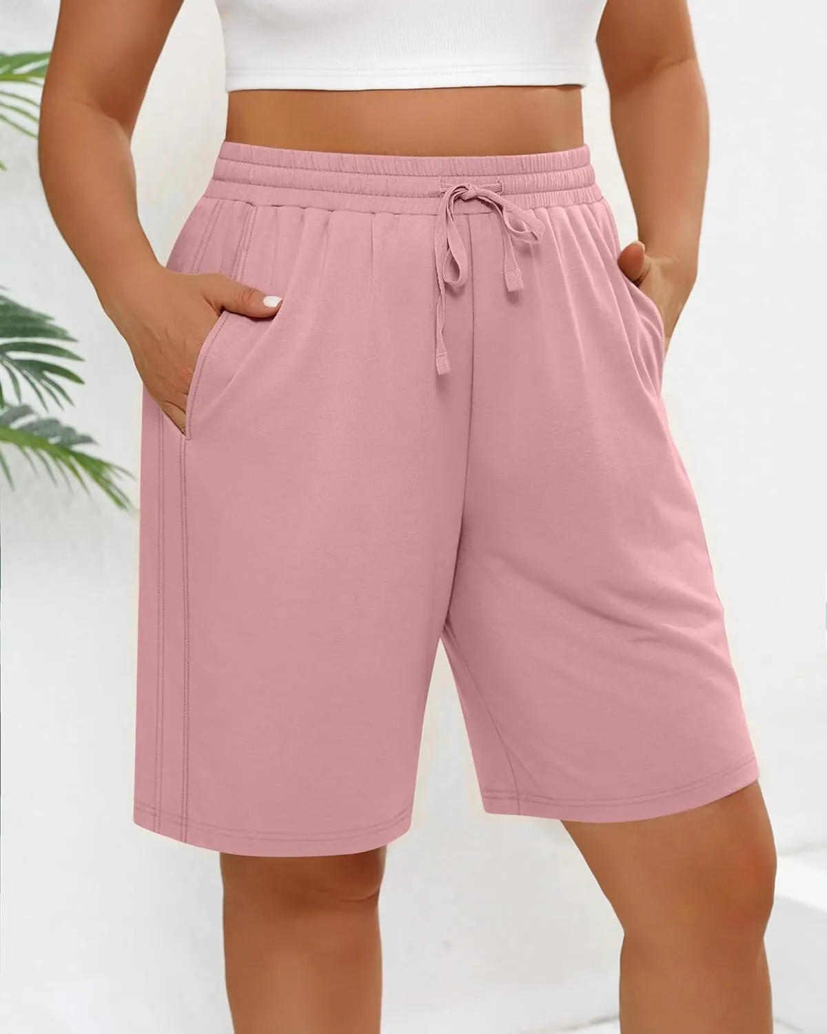 3 Pack Women's Plus Size Bermuda Shorts, Drawstring Elastic Waisted Bermuda Summer Casual Cotton Shorts with Pockets