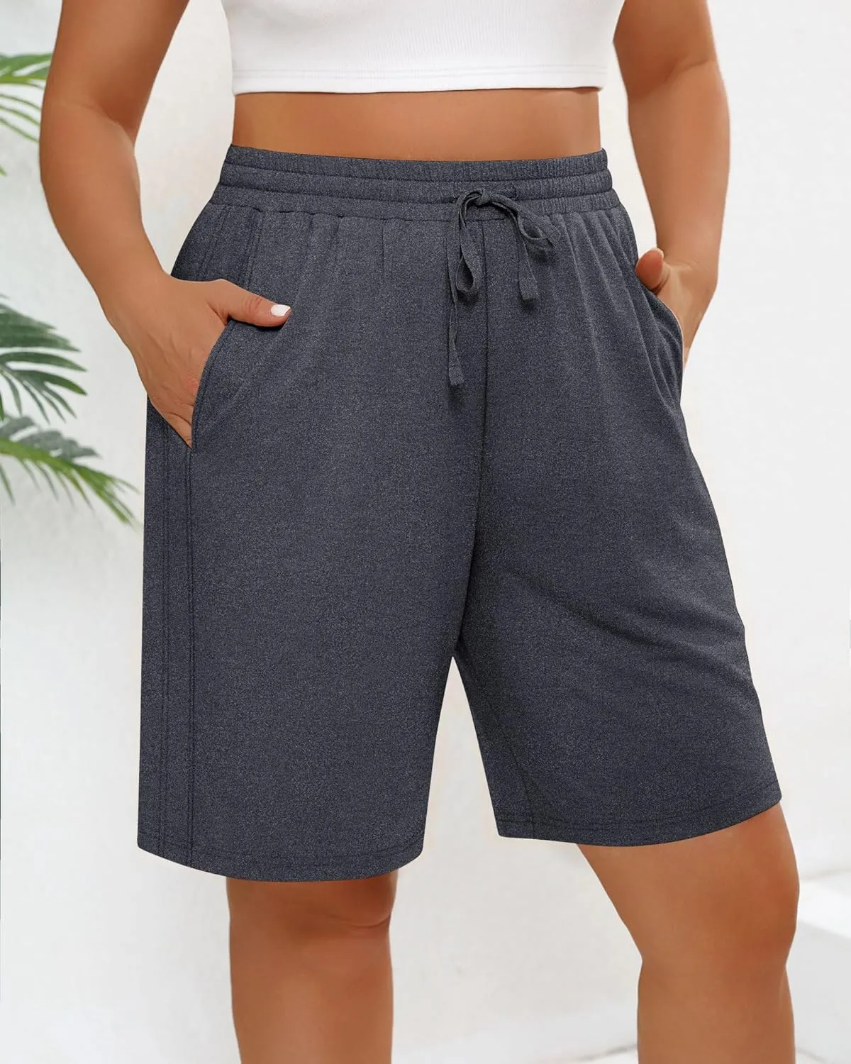 3 Pack Women's Plus Size Bermuda Shorts, Drawstring Elastic Waisted Bermuda Summer Casual Cotton Shorts with Pockets