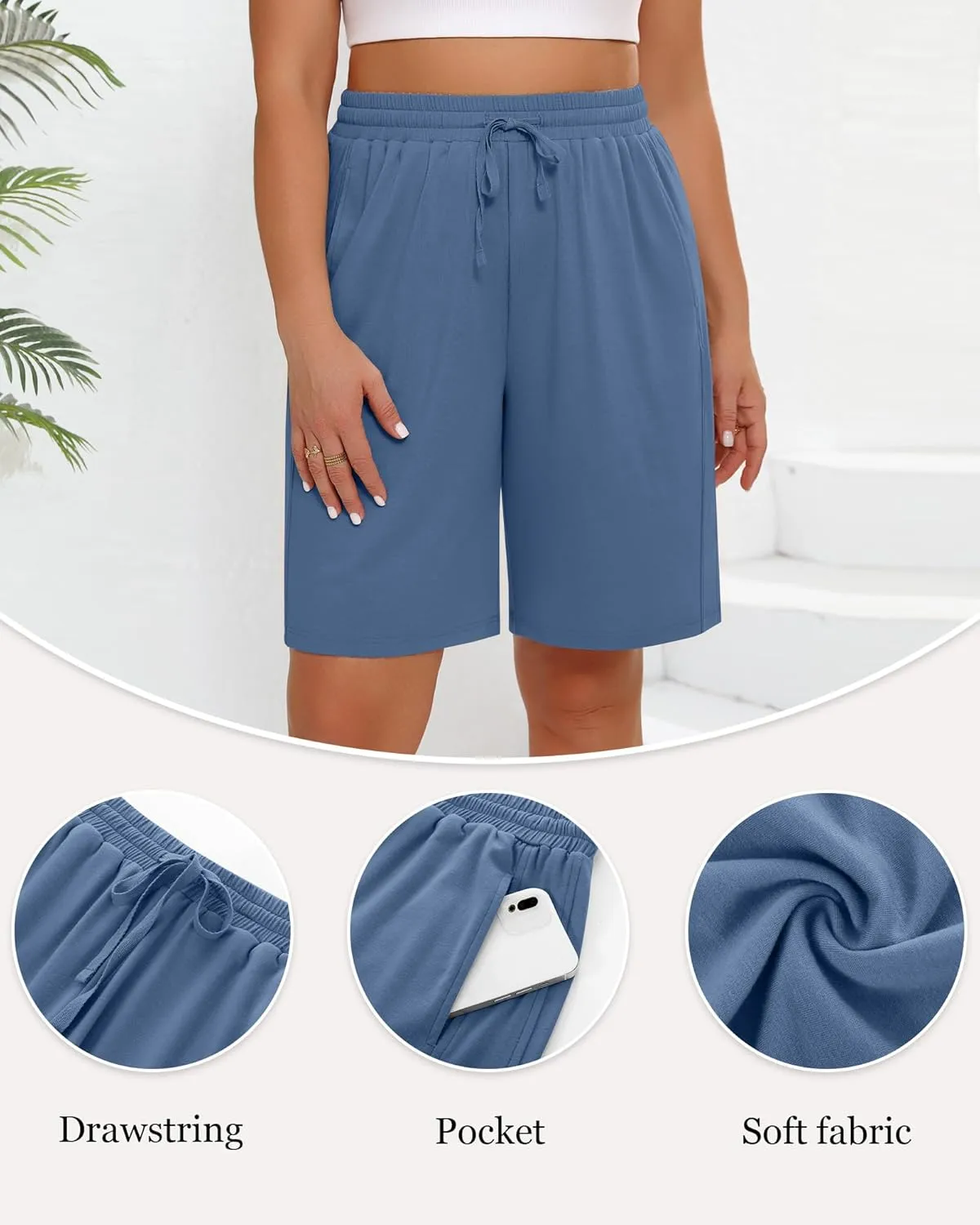 3 Pack Women's Plus Size Bermuda Shorts, Drawstring Elastic Waisted Bermuda Summer Casual Cotton Shorts with Pockets