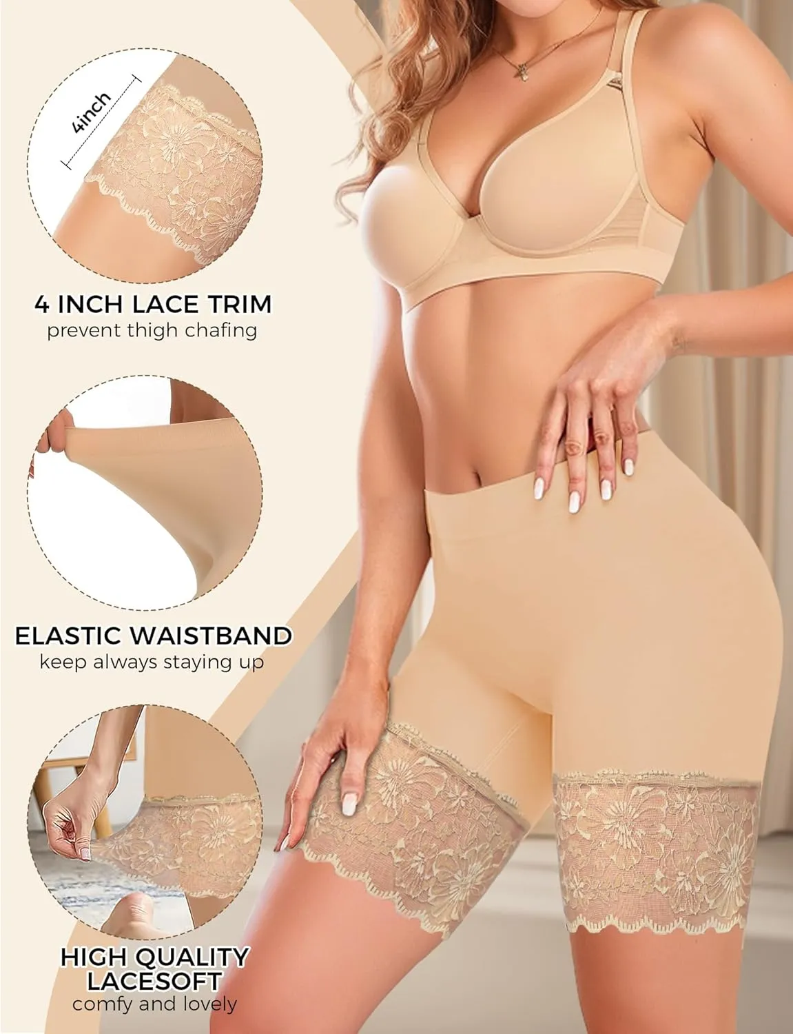 3pcs Lace Slip Shorts for Under Dresses Women, Anti Chafing Shorts Women, Bloomers Boyshorts Panties Lace leggings