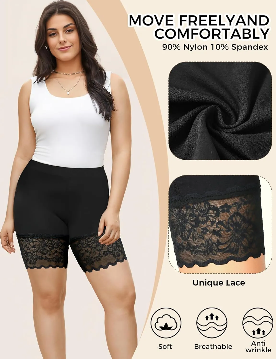 3pcs Lace Slip Shorts for Under Dresses Women, Anti Chafing Shorts Women, Bloomers Boyshorts Panties Lace leggings