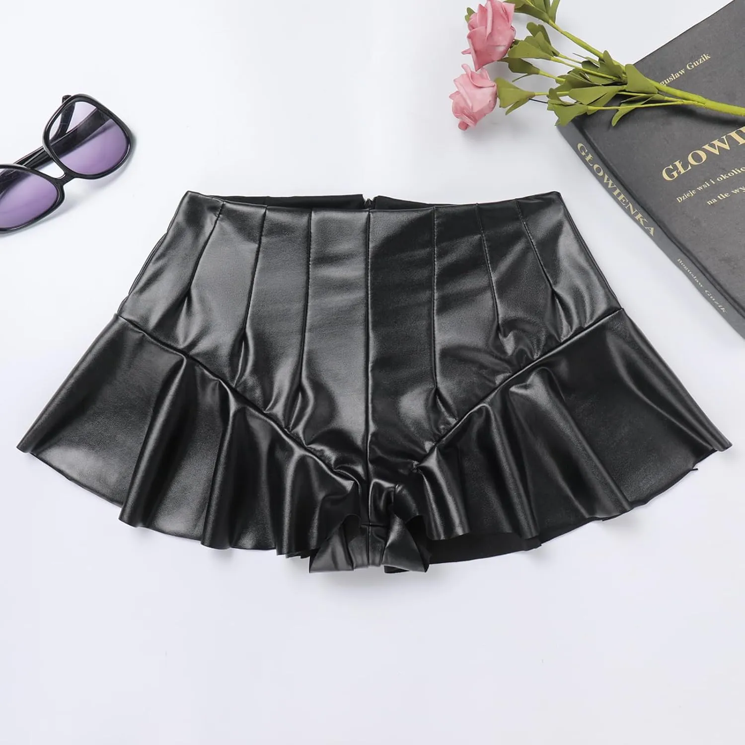 ABAFIP Women's Shiny PU Leather Shorts High Waist Ruffle Dance Bottoms Booty Shorts Rave Mini Hot Pants