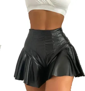 ABAFIP Women's Shiny PU Leather Shorts High Waist Ruffle Dance Bottoms Booty Shorts Rave Mini Hot Pants