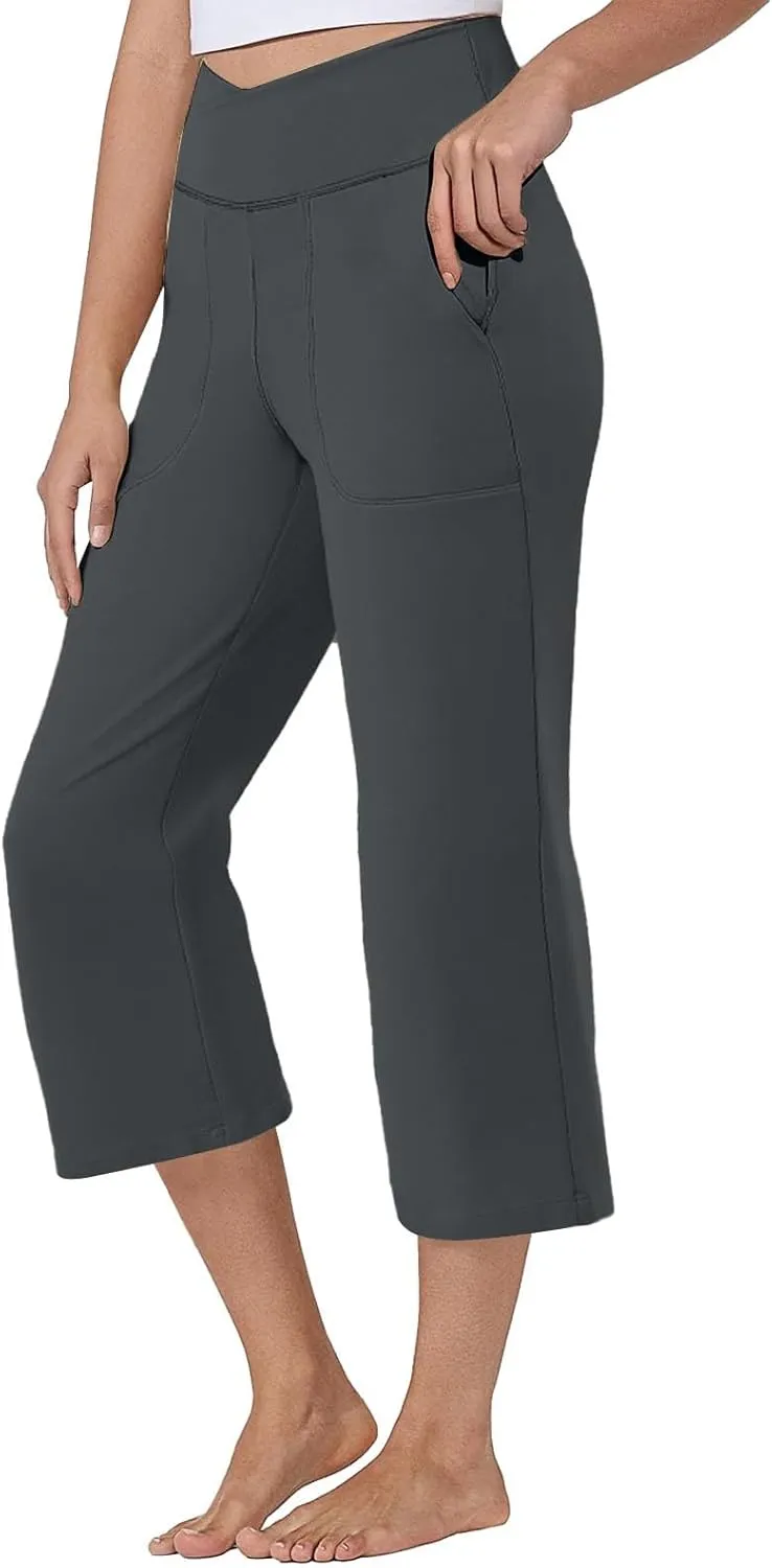 ADHOWBEW Capri Pants for Women Drawstring Flowy High Waist Wide Leg Dressy Trendy Summer Cotton Comfy Slacks with Pockets