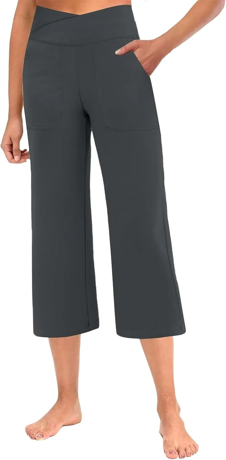 ADHOWBEW Capri Pants for Women Drawstring Flowy High Waist Wide Leg Dressy Trendy Summer Cotton Comfy Slacks with Pockets