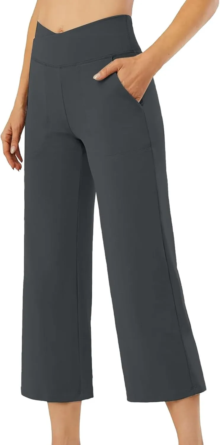 ADHOWBEW Capri Pants for Women Drawstring Flowy High Waist Wide Leg Dressy Trendy Summer Cotton Comfy Slacks with Pockets
