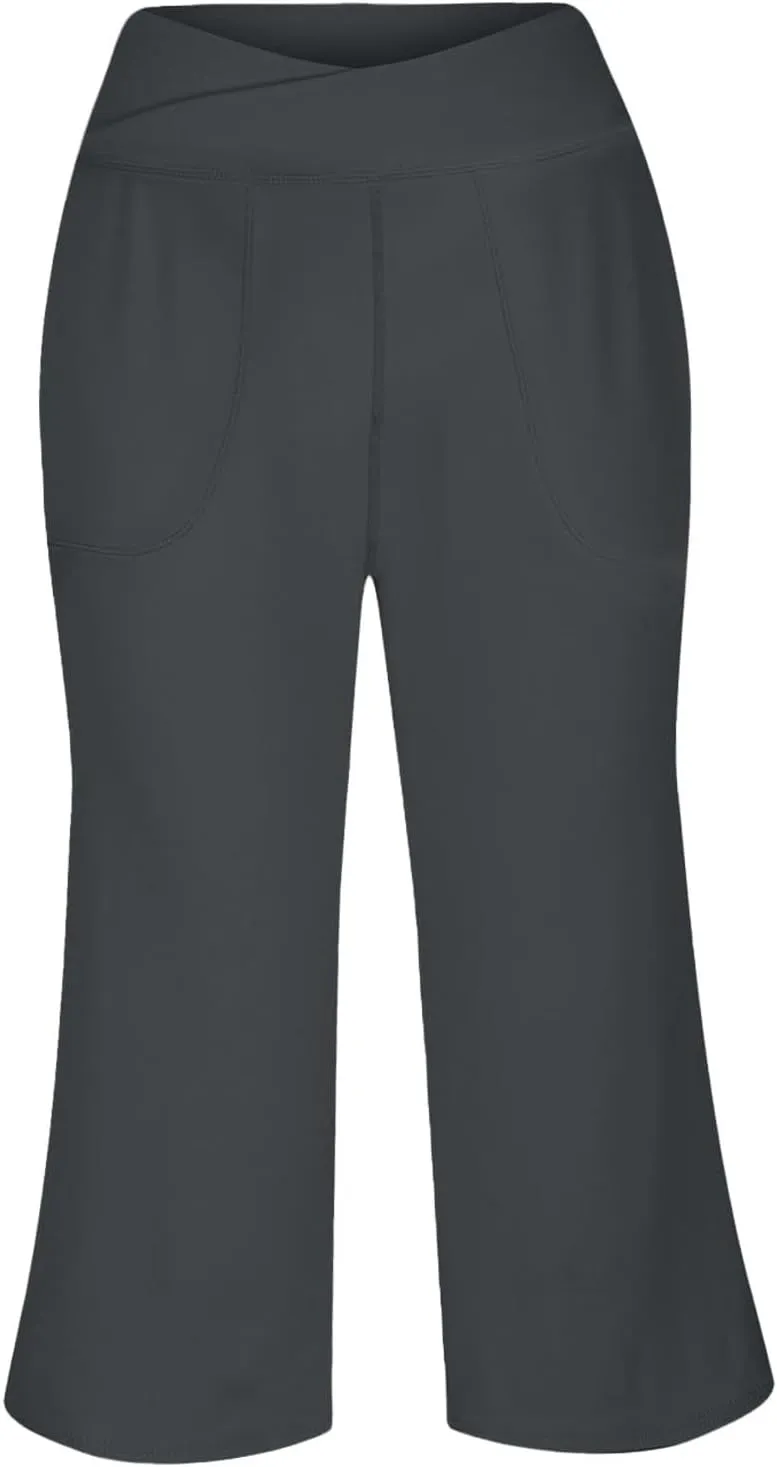 ADHOWBEW Capri Pants for Women Drawstring Flowy High Waist Wide Leg Dressy Trendy Summer Cotton Comfy Slacks with Pockets