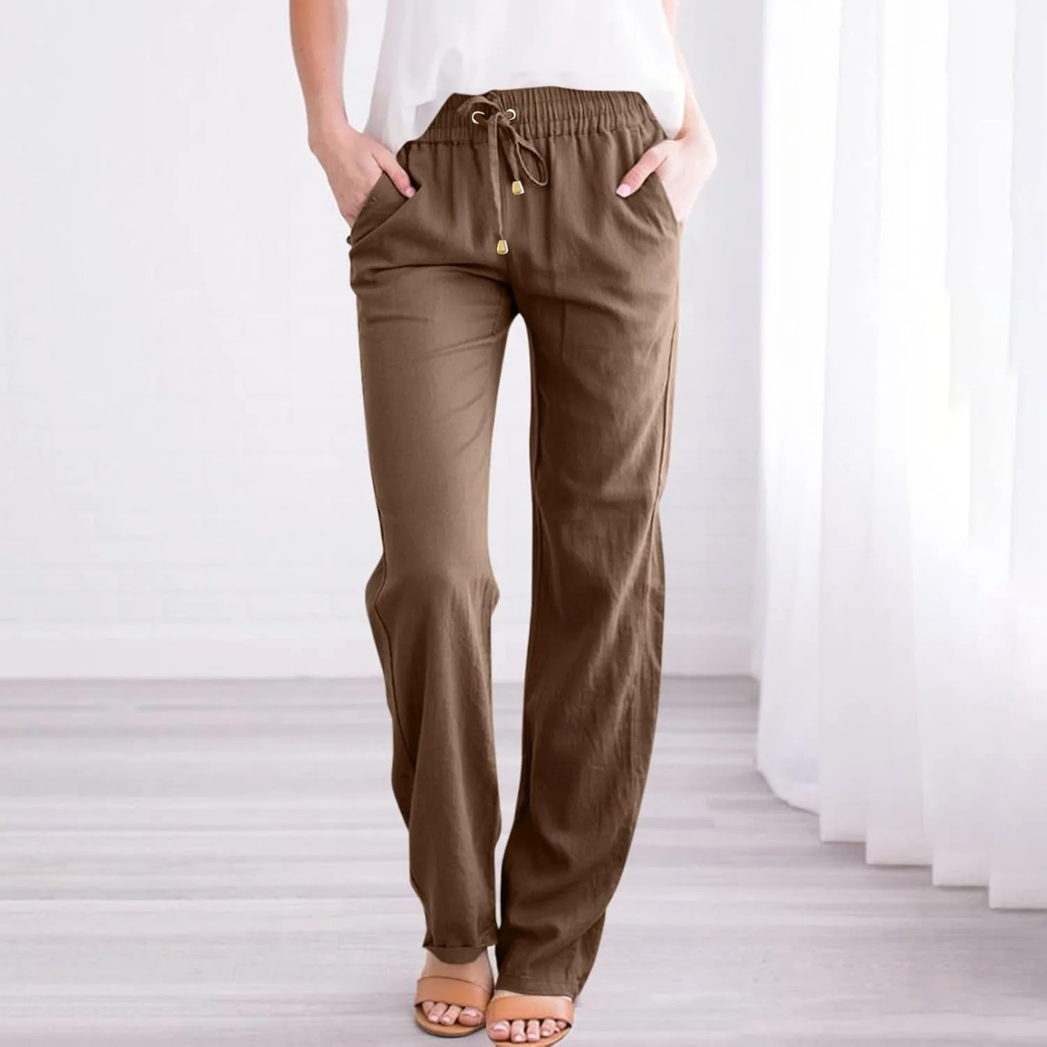 ADHOWBEW Linen Pants Women Plus Size Flowy Stretch Petite Cotton High Waisted Work Dressy Casual Plus Size Lounge Pants