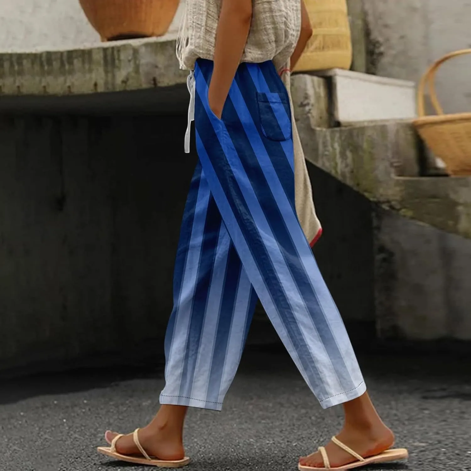 ADHOWBEW Plus Size Capri Pants for Women Dressy Flowy High Waist Casual Cotton Lounge Trendy Summer Bottoms with Pockets