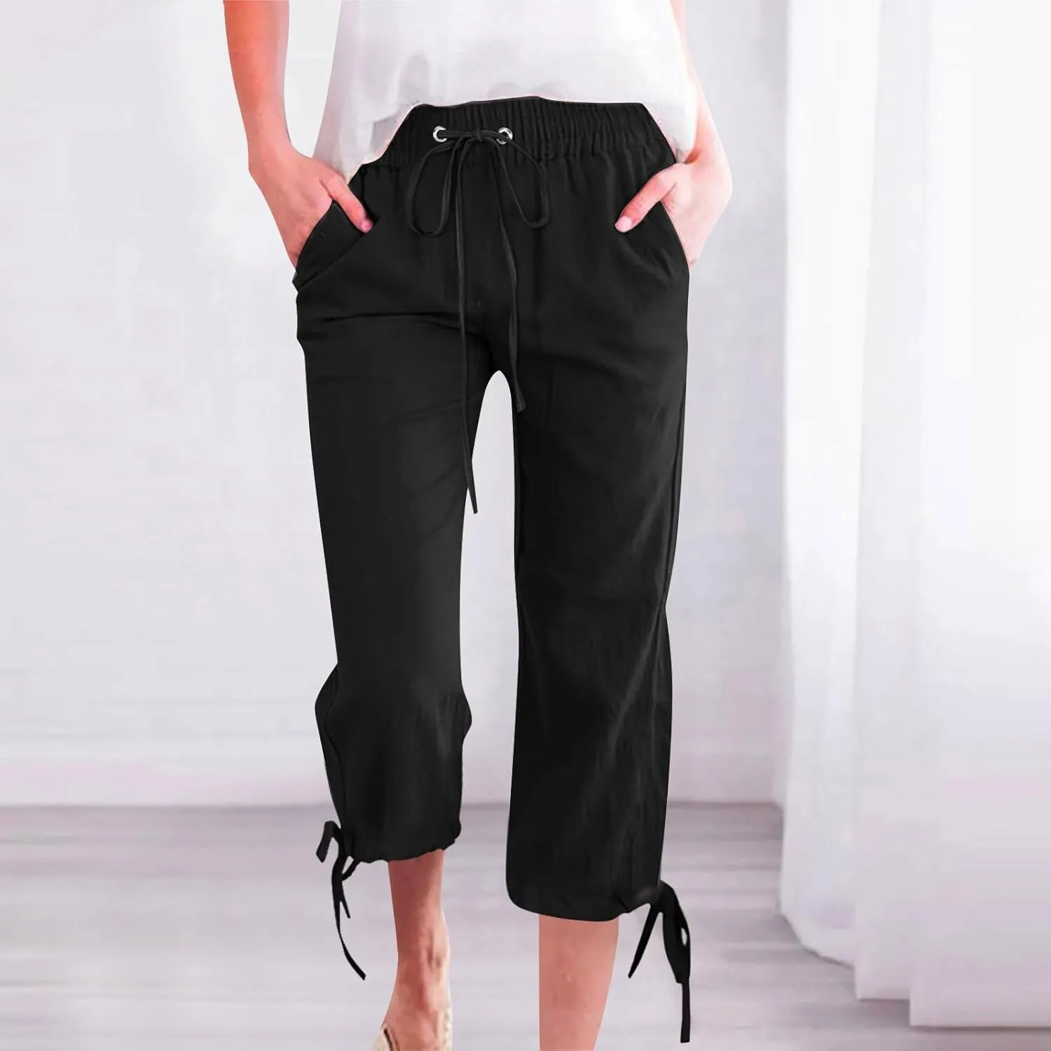 ADHOWBEW Womens Capri Pants Trendy Casual Drawstring Cotton Wide Leg Summer Dressy High Waist Comfy Bottoms with Pockets