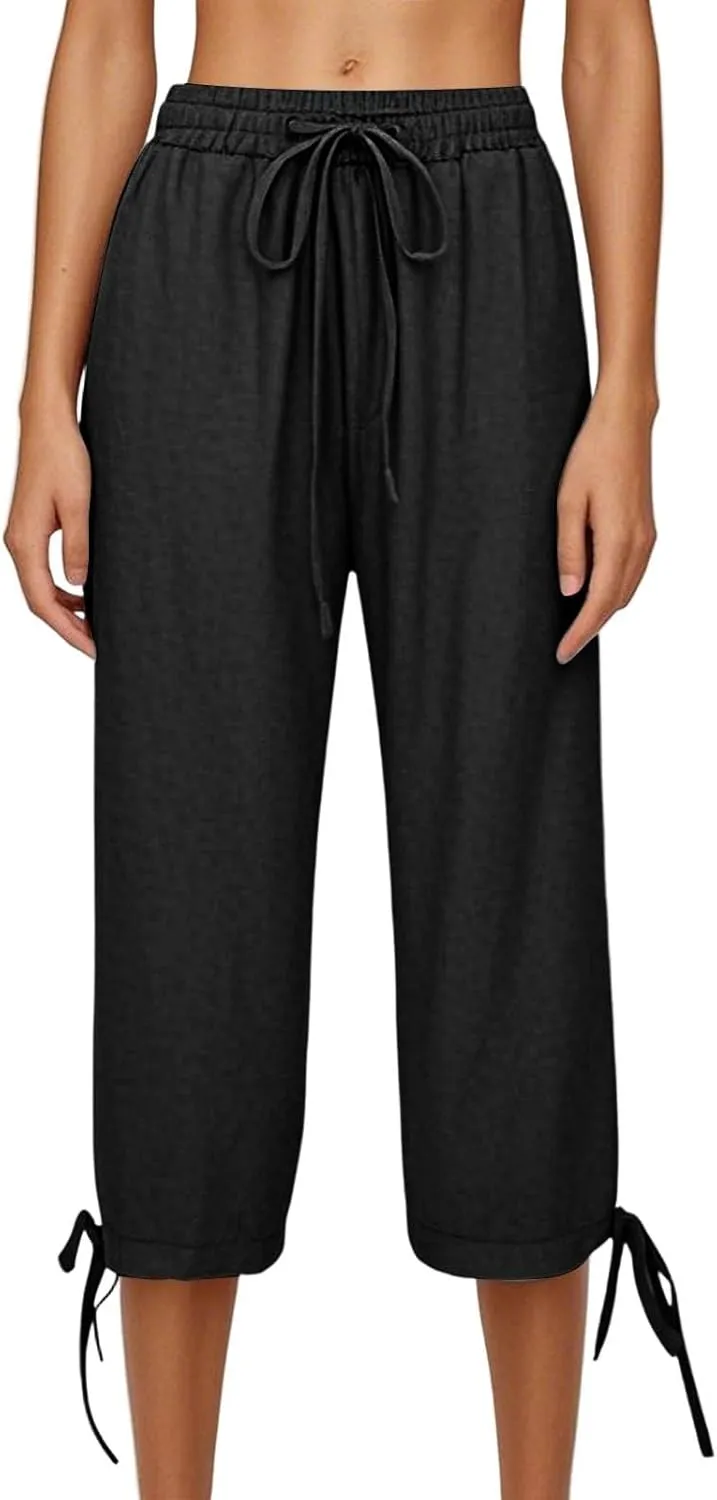 ADHOWBEW Womens Capri Pants Trendy Casual Drawstring Cotton Wide Leg Summer Dressy High Waist Comfy Bottoms with Pockets