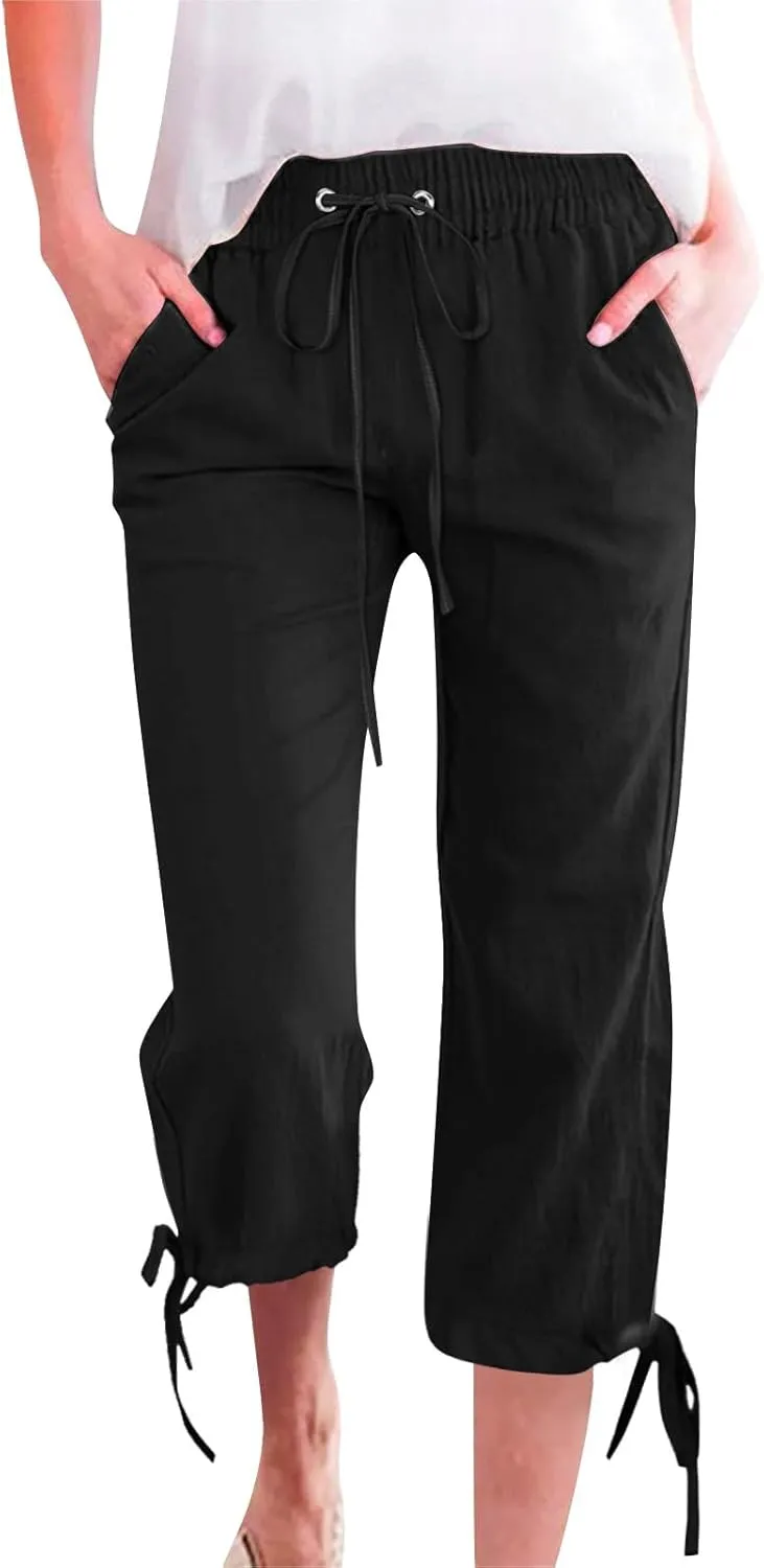 ADHOWBEW Womens Capri Pants Trendy Casual Drawstring Cotton Wide Leg Summer Dressy High Waist Comfy Bottoms with Pockets