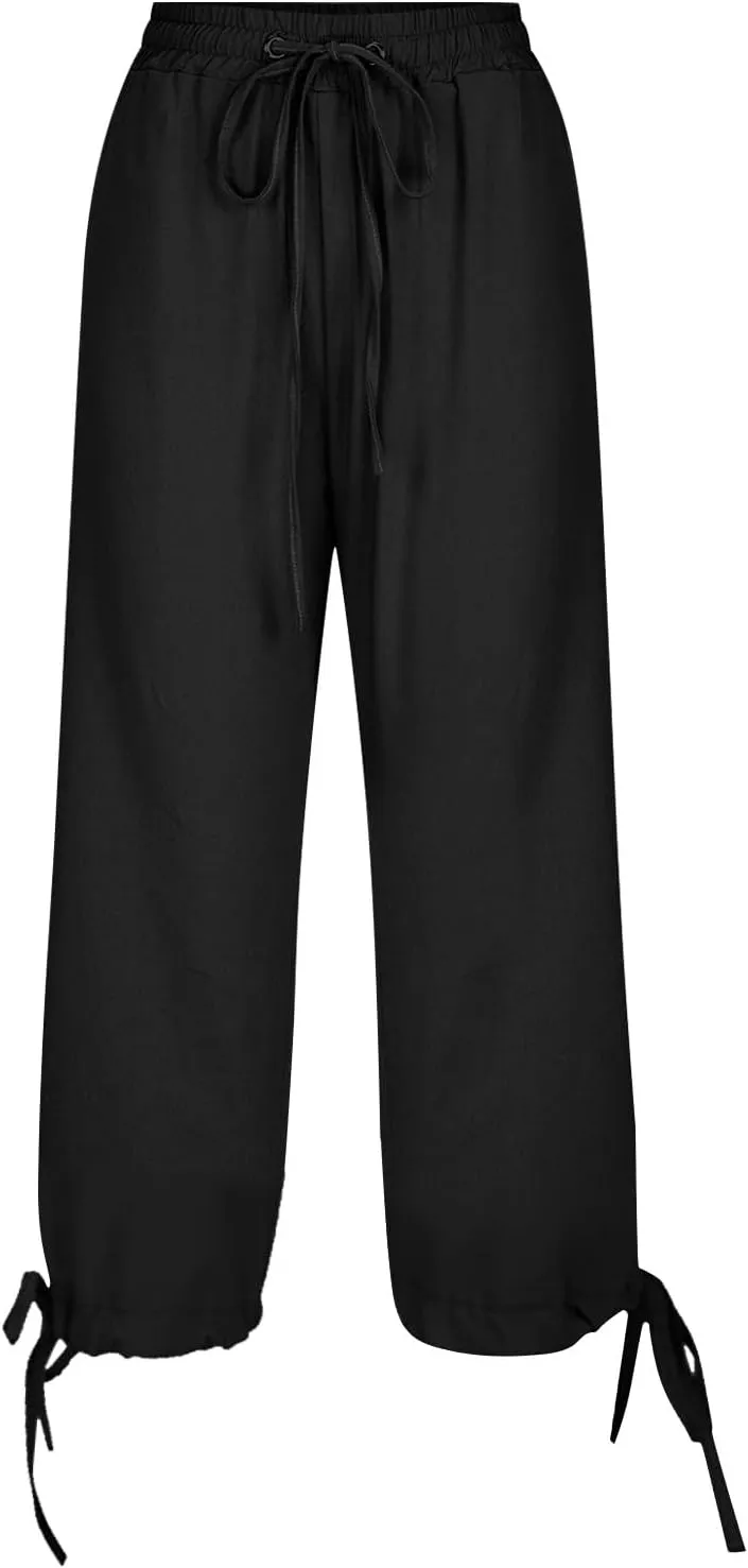 ADHOWBEW Womens Capri Pants Trendy Casual Drawstring Cotton Wide Leg Summer Dressy High Waist Comfy Bottoms with Pockets