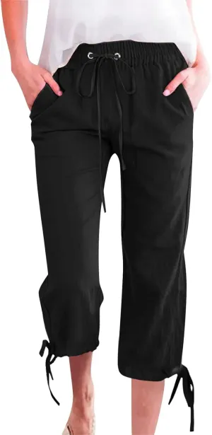 ADHOWBEW Womens Capri Pants Trendy Casual Drawstring Cotton Wide Leg Summer Dressy High Waist Comfy Bottoms with Pockets