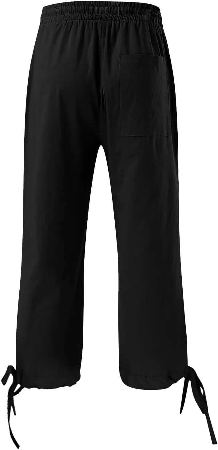 ADHOWBEW Womens Capri Pants Trendy Casual Drawstring Cotton Wide Leg Summer Dressy High Waist Comfy Bottoms with Pockets