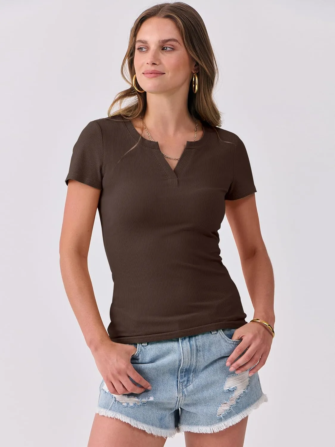 ANRABESS Women Short Sleeve Tops V Neck Rib Knit Slim Fit Shirts Basic Tee 2025 Summer Casual T-Shirt Outfits Clothes