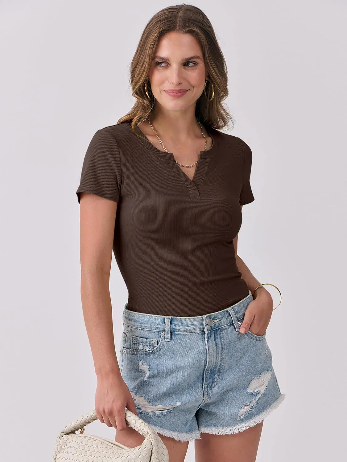 ANRABESS Women Short Sleeve Tops V Neck Rib Knit Slim Fit Shirts Basic Tee 2025 Summer Casual T-Shirt Outfits Clothes