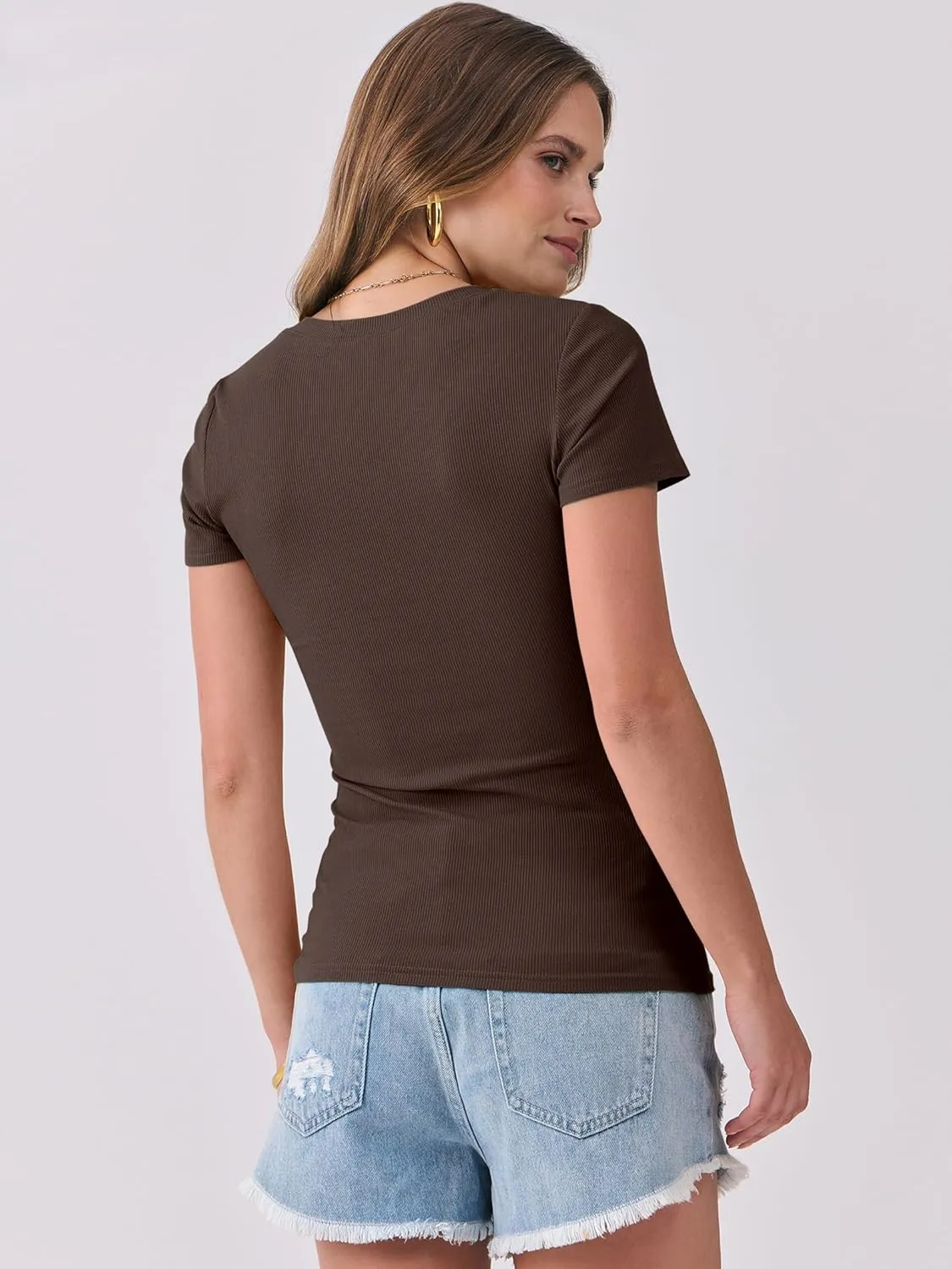 ANRABESS Women Short Sleeve Tops V Neck Rib Knit Slim Fit Shirts Basic Tee 2025 Summer Casual T-Shirt Outfits Clothes