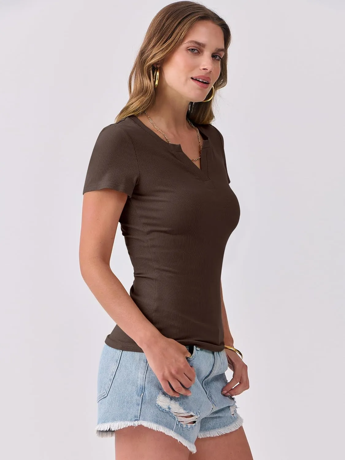 ANRABESS Women Short Sleeve Tops V Neck Rib Knit Slim Fit Shirts Basic Tee 2025 Summer Casual T-Shirt Outfits Clothes