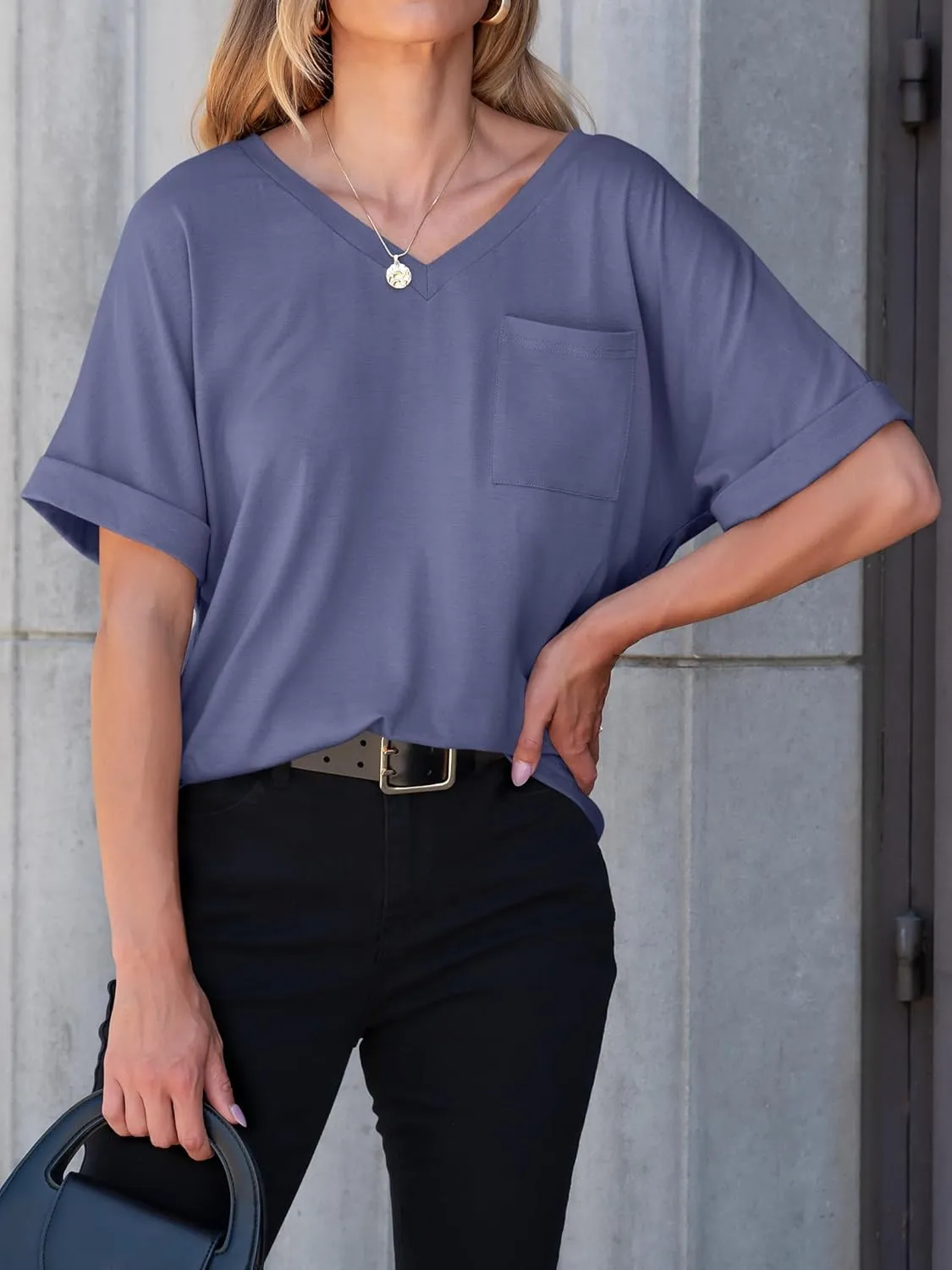 ANRABESS Women T Shirts Oversized Short Sleeve V Neck 2025 Summer Casual Loose Tops Basic Tee Shirts Outfits with Pocket