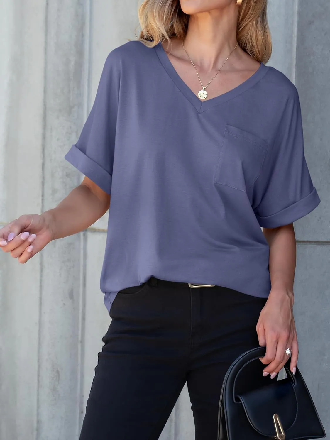 ANRABESS Women T Shirts Oversized Short Sleeve V Neck 2025 Summer Casual Loose Tops Basic Tee Shirts Outfits with Pocket