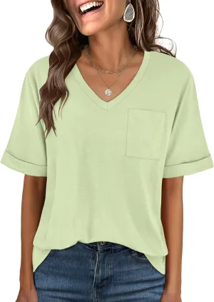 ANRABESS Women T Shirts Oversized Short Sleeve V Neck 2025 Summer Casual Loose Tops Basic Tee Shirts Outfits with Pocket