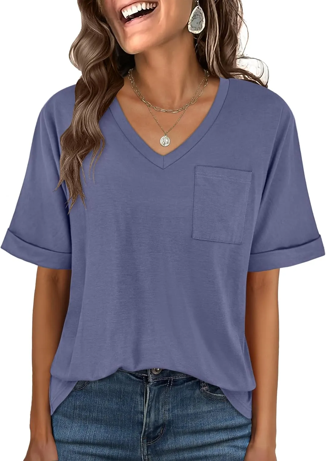 ANRABESS Women T Shirts Oversized Short Sleeve V Neck 2025 Summer Casual Loose Tops Basic Tee Shirts Outfits with Pocket