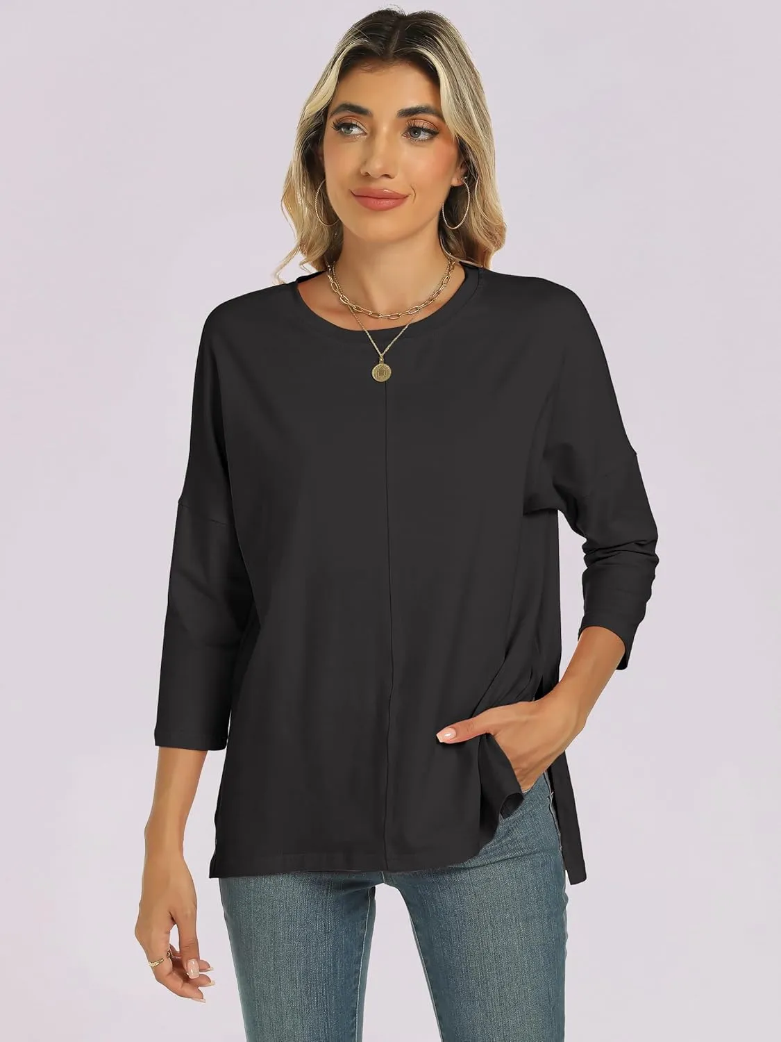 ANRABESS Womens 3/4 Length Sleeve Tops Loose Fit Tunic Shirts Oversized Spring Summer Casual Crew Neck Basic Boxy Tee
