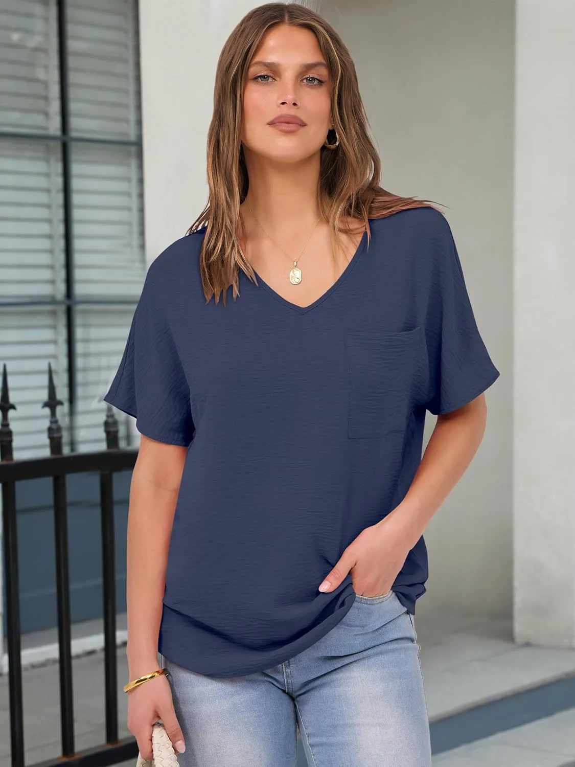 ANRABESS Women's Oversized T Shirts Summer Tops Short Sleeve V Neck Casual Loose Fit Textured Blouses 2025 Trendy Tee Shirt