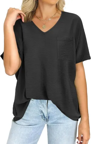 ANRABESS Women's Oversized T Shirts Summer Tops Short Sleeve V Neck Casual Loose Fit Textured Blouses 2025 Trendy Tee Shirt